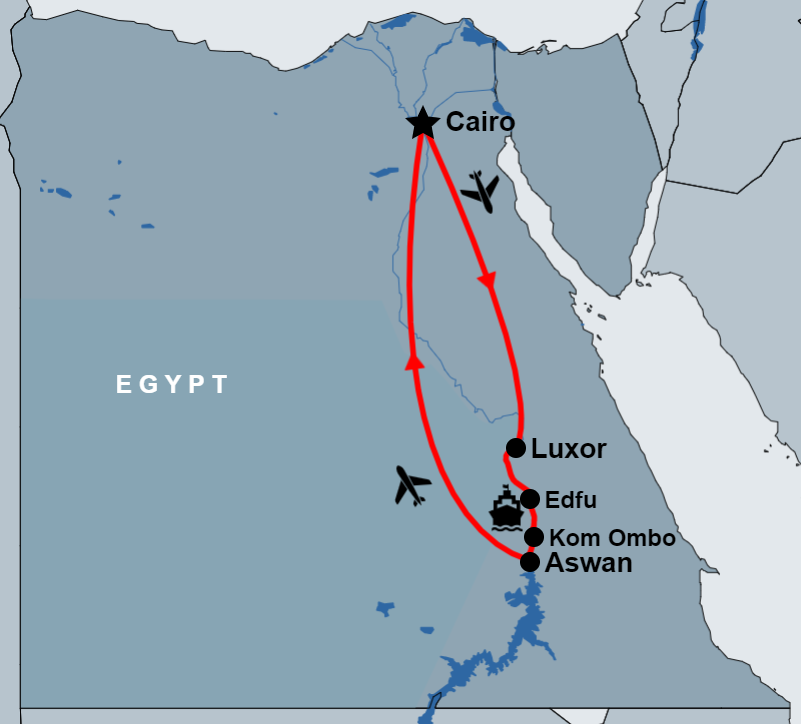 8 Day Egypt Luxury Tours and Luxury Nile Cruise Package route map